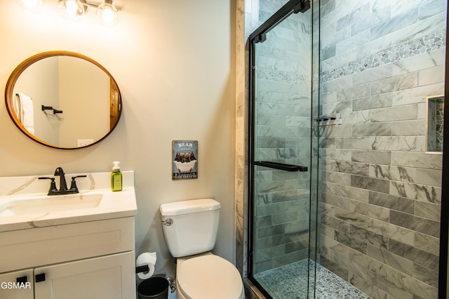 bathroom with toilet, vanity, and a shower stall