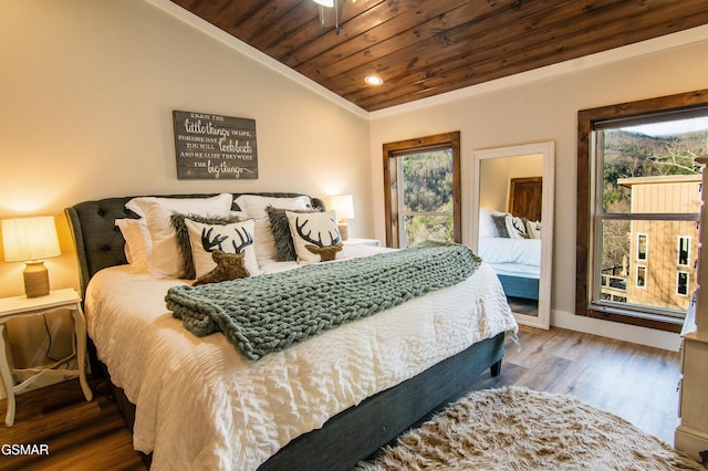 bedroom with recessed lighting, wooden ceiling, lofted ceiling, and wood finished floors
