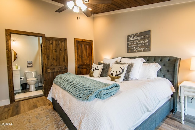 bedroom featuring connected bathroom, wood finished floors, ceiling fan, and wooden ceiling