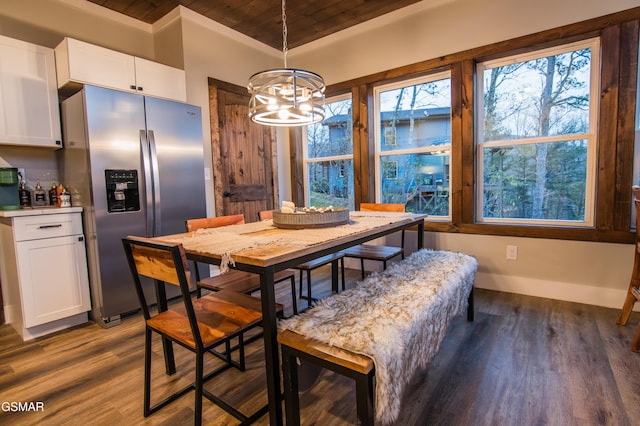 dining room featuring wood finished floors, wooden ceiling, and an inviting chandelier