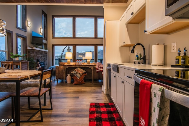 kitchen featuring white cabinetry, light countertops, wood finished floors, and stainless steel appliances