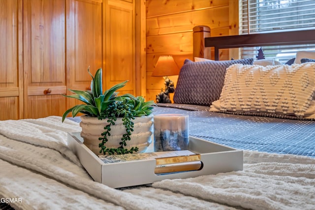 living room featuring wooden walls