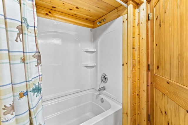 full bath featuring shower / tub combo and wooden ceiling