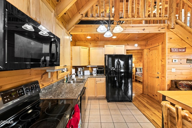 kitchen with wood ceiling, wood walls, a sink, and black appliances