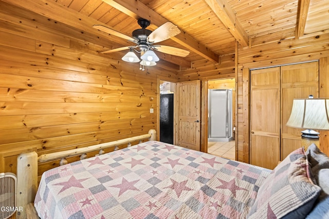 unfurnished bedroom with wooden ceiling, ceiling fan, wooden walls, beam ceiling, and tile patterned flooring