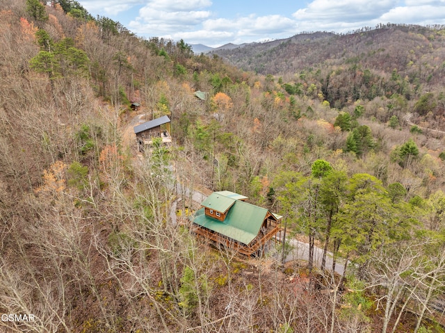 birds eye view of property featuring a forest view and a mountain view