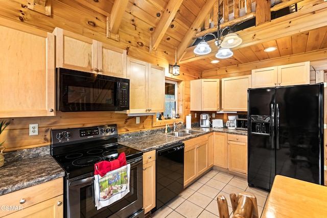 kitchen with black appliances, wood ceiling, light tile patterned flooring, a sink, and light brown cabinets