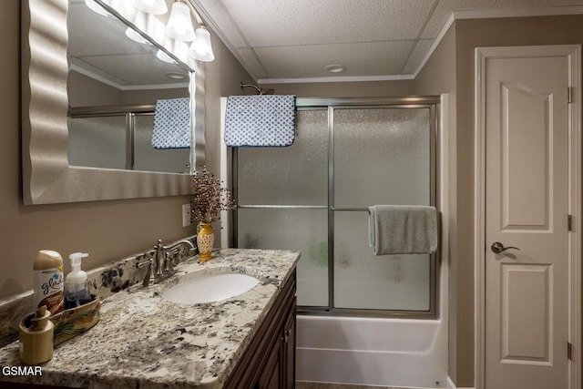 20 Brixton Ln, Crossville, TN 38555 - bathroom with vanity, enclosed tub / shower combo, and crown molding