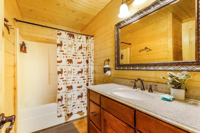 3391 Clear Valley Dr, Sevierville, TN 37862 - bathroom with wood walls, vanity, shower / tub combo with curtain, tile patterned floors, and wooden ceiling