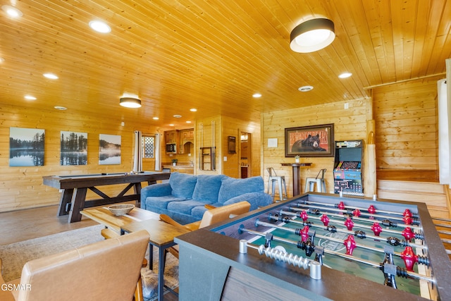 3391 Clear Valley Dr, Sevierville, TN 37862 - rec room with wooden ceiling, wood walls, recessed lighting, and concrete floors