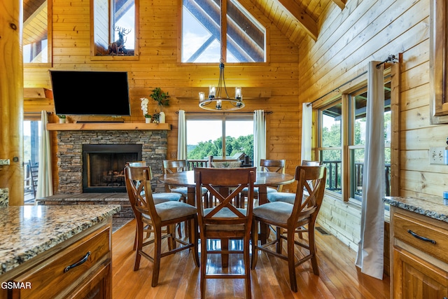 3391 Clear Valley Dr, Sevierville, TN 37862 - dining space with wood walls, high vaulted ceiling, light wood-style flooring, a fireplace, and a wooden ceiling with exposed beams