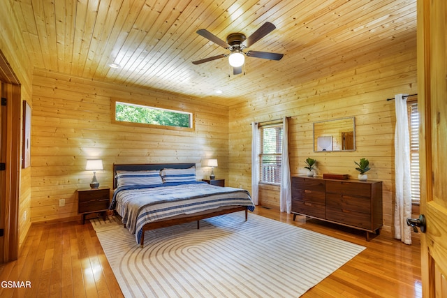 3391 Clear Valley Dr, Sevierville, TN 37862 - bedroom featuring wood walls, multiple windows, wooden ceiling, light wood finished floors, and a ceiling fan
