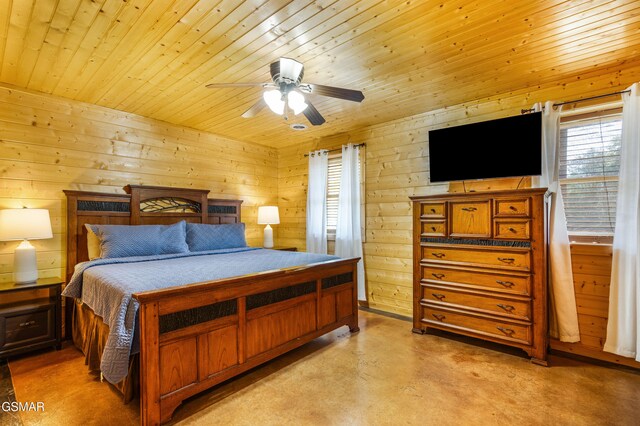 3391 Clear Valley Dr, Sevierville, TN 37862 - bedroom with wood ceiling, concrete floors, wood walls, and a ceiling fan