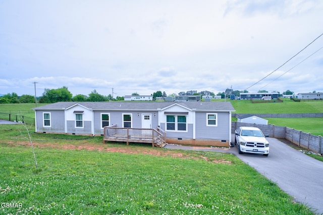 view of front of property with crawl space, a wooden deck, and roof with shingles