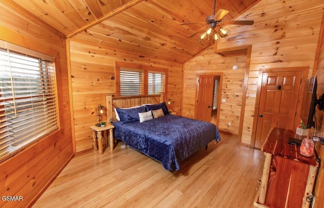 bedroom with vaulted ceiling, multiple windows, wooden ceiling, and wood walls