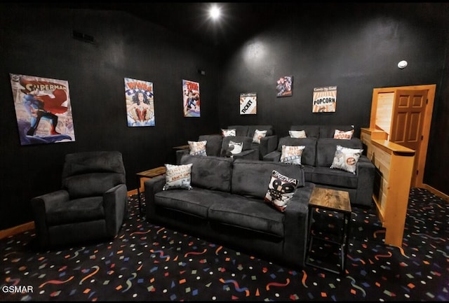 home theater featuring carpet floors