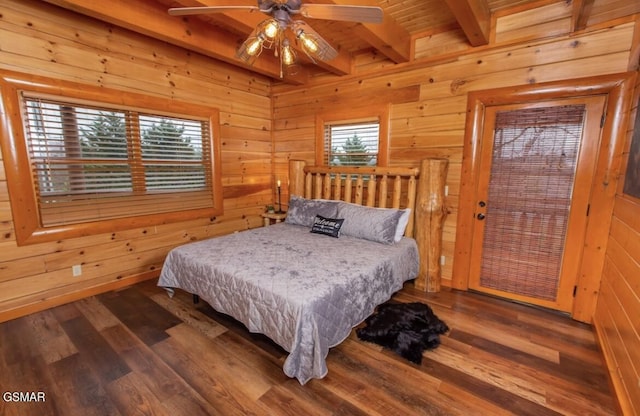 bedroom featuring wood ceiling, ceiling fan, dark wood-type flooring, beamed ceiling, and wood walls