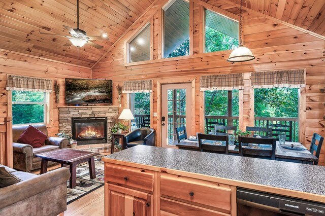 kitchen with a fireplace, wood ceiling, wooden walls, high vaulted ceiling, and dishwasher