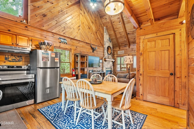 dining room featuring light wood-type flooring, beamed ceiling, wooden walls, wooden ceiling, and a fireplace