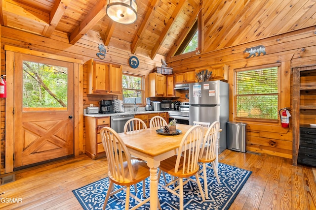 dining space with beam ceiling, light wood-style floors, wood walls, and wooden ceiling