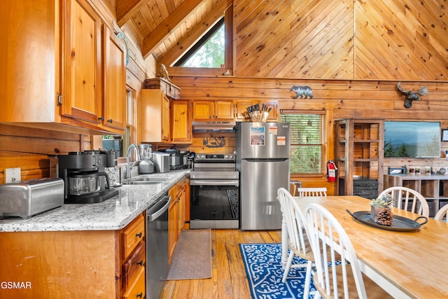 kitchen with a sink, light wood-type flooring, wood walls, and stainless steel appliances