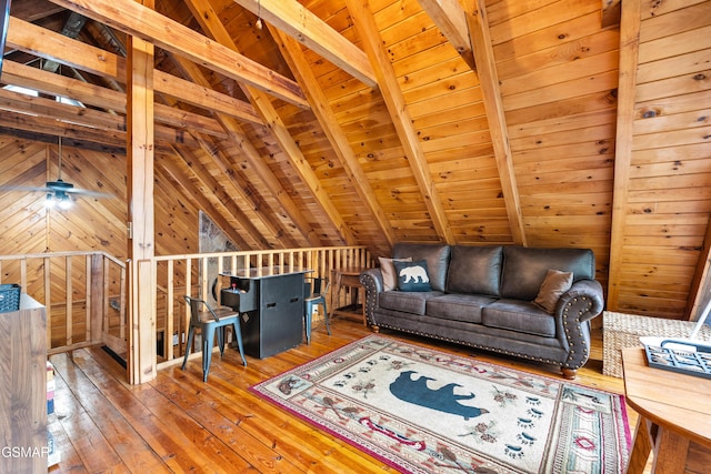 living area with lofted ceiling with beams, wooden walls, wooden ceiling, and wood-type flooring