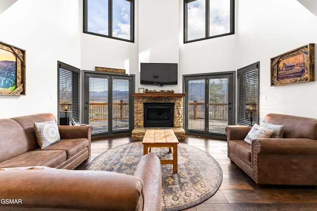 living area with wood-type flooring and a stone fireplace