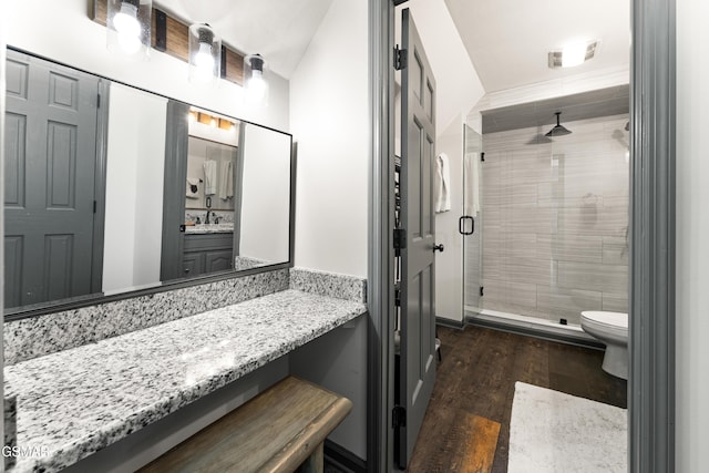 bathroom with toilet, a shower stall, wood finished floors, and vanity