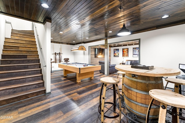 recreation room with wood ceiling, billiards, dark wood-type flooring, and recessed lighting