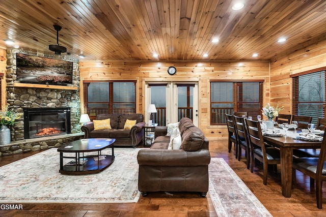 852 Resort Way, Gatlinburg, TN 37738 - living room with recessed lighting, wood walls, wood finished floors, a fireplace, and wood ceiling
