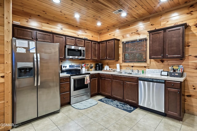 852 Resort Way, Gatlinburg, TN 37738 - kitchen featuring appliances with stainless steel finishes, a sink, light countertops, dark brown cabinetry, and wooden ceiling