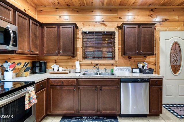 852 Resort Way, Gatlinburg, TN 37738 - kitchen with appliances with stainless steel finishes, wooden ceiling, wood walls, a sink, and light countertops