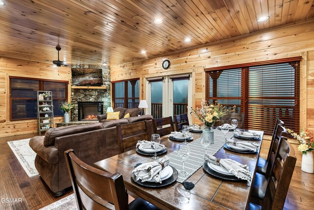 852 Resort Way, Gatlinburg, TN 37738 - dining area with wood walls, recessed lighting, hardwood / wood-style floors, a fireplace, and wooden ceiling