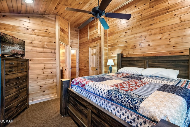 852 Resort Way, Gatlinburg, TN 37738 - carpeted bedroom with wood walls, wood ceiling, vaulted ceiling, a ceiling fan, and recessed lighting