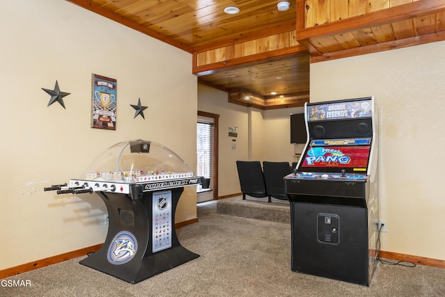 recreation room with carpet floors and wooden ceiling