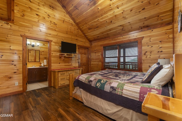 bedroom with wood walls, lofted ceiling, wooden ceiling, hardwood / wood-style flooring, and connected bathroom