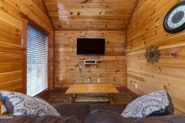 living room with wood ceiling, wooden walls, and vaulted ceiling