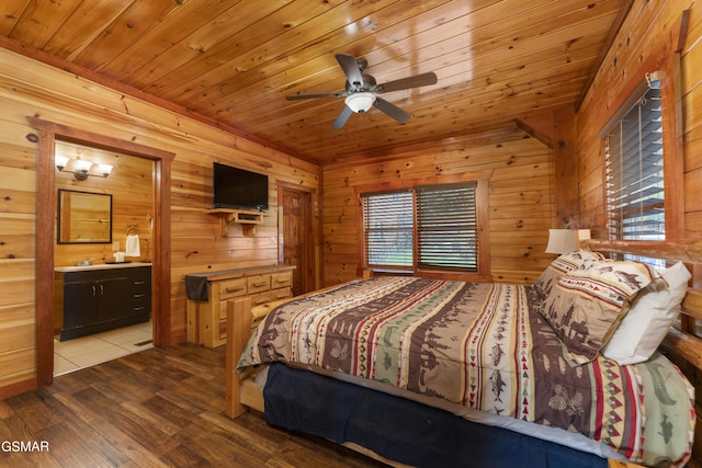 bedroom with light wood-type flooring, ensuite bathroom, wood ceiling, ceiling fan, and wooden walls