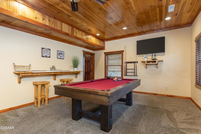 rec room with carpet flooring, crown molding, and billiards