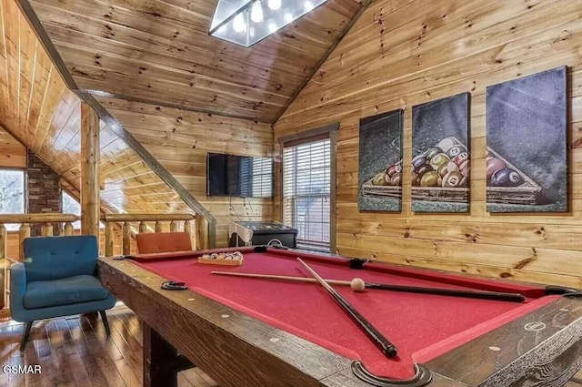 playroom with hardwood / wood-style flooring, wood ceiling, wood walls, and vaulted ceiling