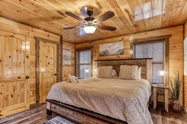 bedroom with hardwood / wood-style flooring, wooden ceiling, and wood walls