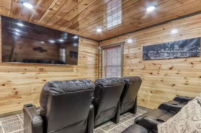 cinema room with wooden ceiling, carpet flooring, recessed lighting, and wood walls