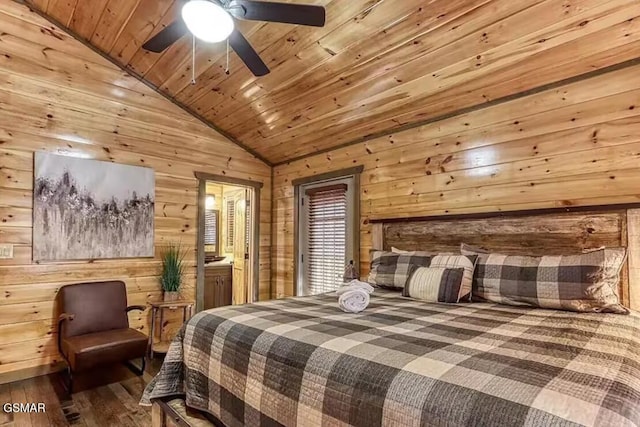 bedroom featuring hardwood / wood-style floors, vaulted ceiling, wooden walls, and wooden ceiling