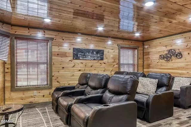 home theater room with wooden ceiling, wooden walls, recessed lighting, and a wealth of natural light