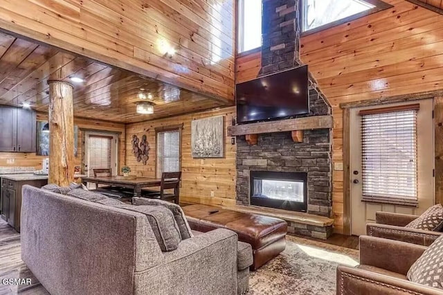 living room featuring a fireplace, a wealth of natural light, wood finished floors, and wood walls