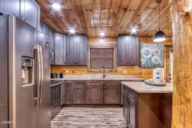 kitchen featuring light stone counters, a sink, wood ceiling, appliances with stainless steel finishes, and pendant lighting