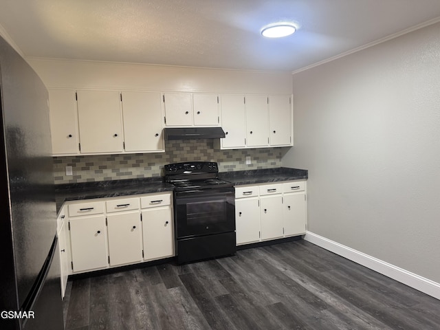 525 Freeman Ave, Newport, TN 37821 - kitchen featuring black range with electric stovetop, under cabinet range hood, freestanding refrigerator, decorative backsplash, and ornamental molding