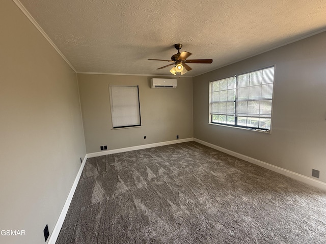 525 Freeman Ave, Newport, TN 37821 - unfurnished room with dark colored carpet, a wall mounted AC, a ceiling fan, a textured ceiling, and baseboards