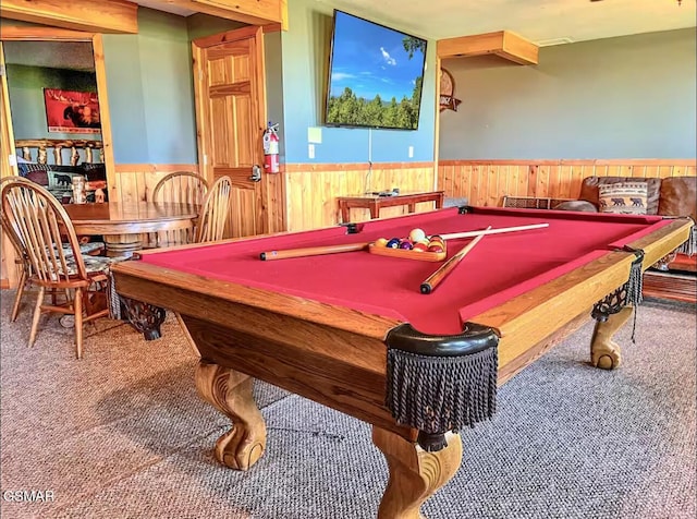 2438 Walnut Ridge Way, Sevierville, TN 37862 - rec room with a wainscoted wall, carpet, wood walls, and billiards table