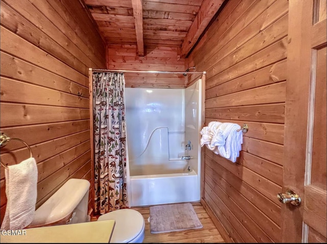 2438 Walnut Ridge Way, Sevierville, TN 37862 - full bath with wood walls, a wooden ceiling with exposed beams, shower / tub combo, and wood finished floors